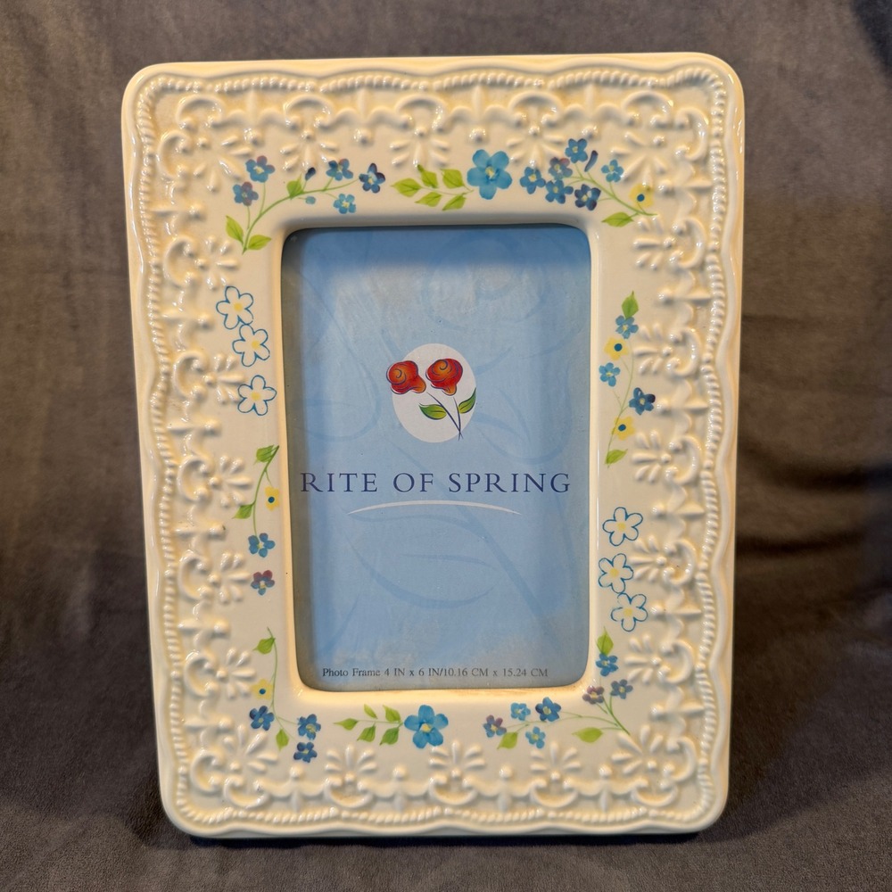 Rite of Spring Ceramic Floral Photo Frame 4x6 Blue Yellow Flowers Cream Embossed